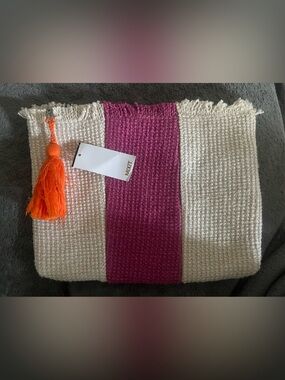 Mixit Cream & Magenta Woven Clutch with Orange Tassel Accent